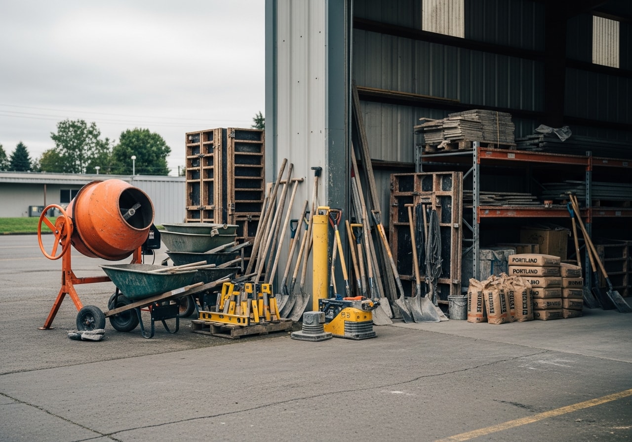 Concrete crew with tools and equipment ready for a job site, showcasing professional concrete contractor setup.