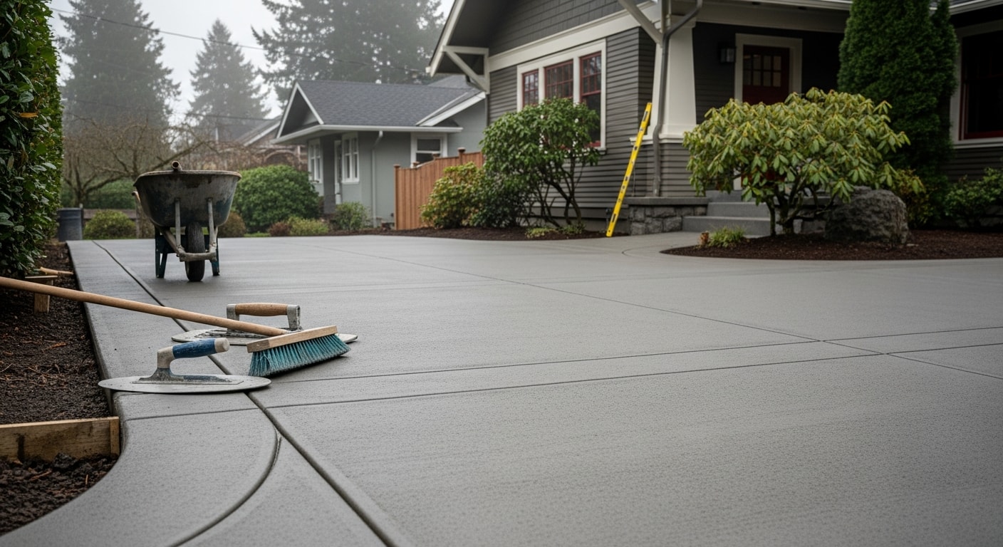 Concrete contractor working on driveway installation in Portland Oregon
