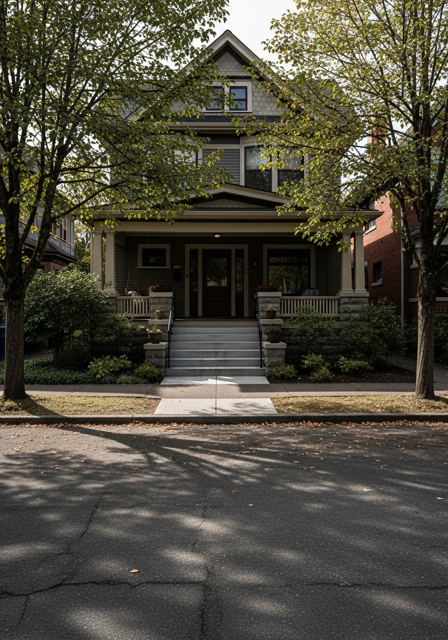 Portland resident on their front porch with visible neighborhood character and street trees.