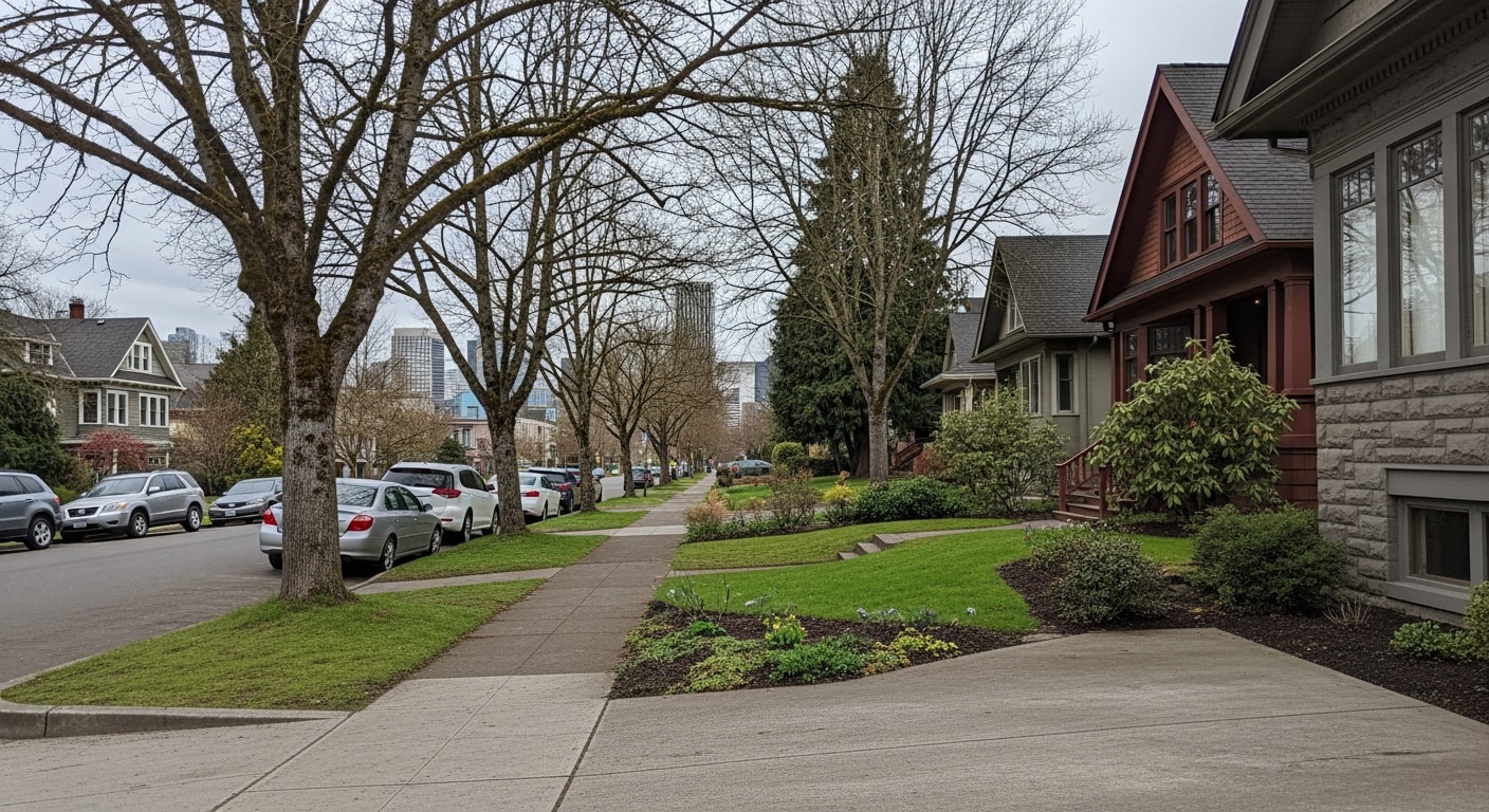 Portland neighborhood street with historic homes, mature trees, and clear urban skyline in background.