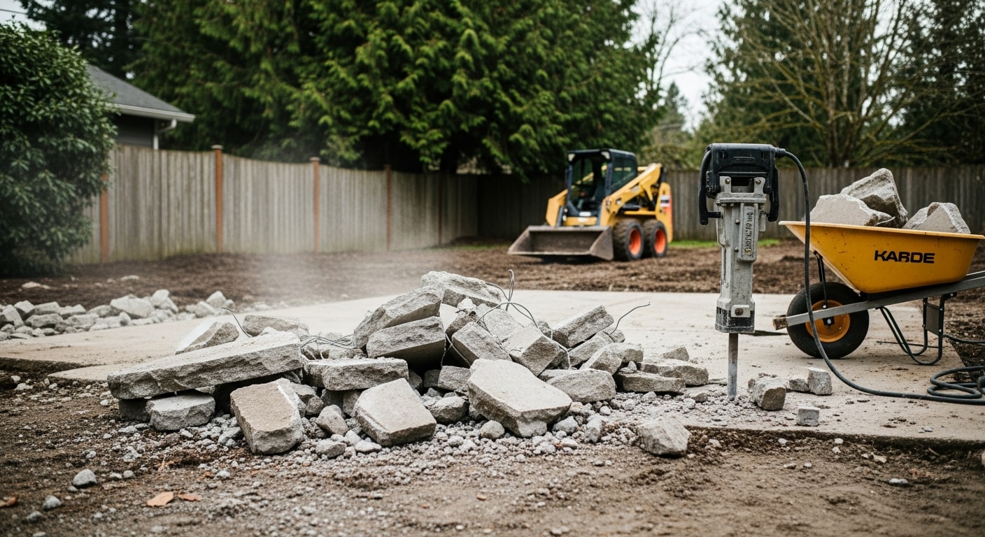A concrete contractor operating a hydraulic breaker to demolish a cracked residential driveway slab in Troutdale, Oregon. Broken concrete pieces are staged near a haul truck on a single-family property.