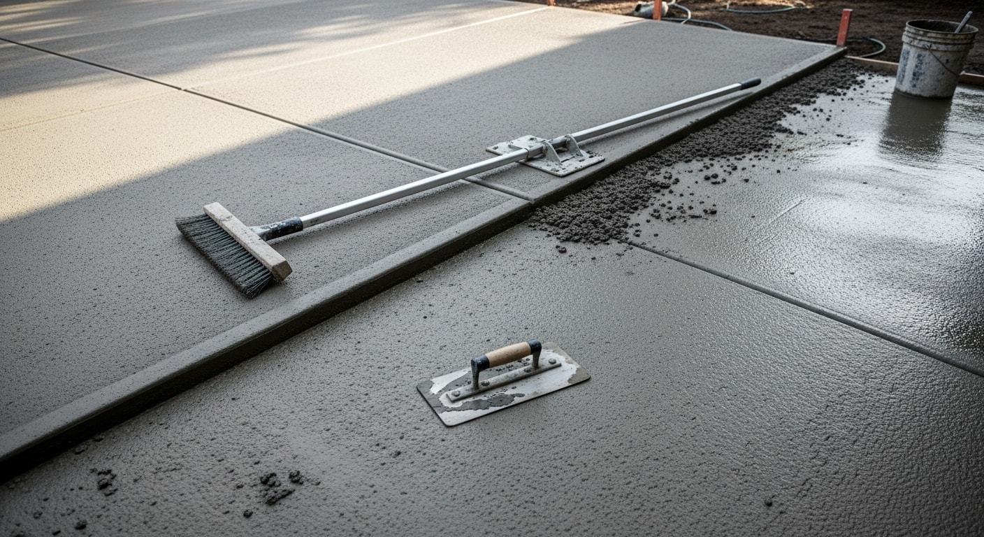 A freshly broom-finished concrete driveway at a residential property in Troutdale, Oregon, showing clean edges and consistent surface texture. The slab runs from the street to an attached garage under overcast Pacific Northwest skies.