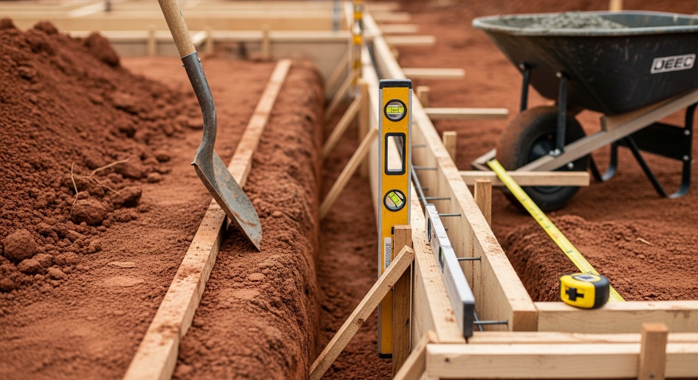 Freshly poured concrete strip footings in an open excavation at a residential construction site in Troutdale, Oregon. Formed footing trenches show compacted soil base and rebar placement before backfill.