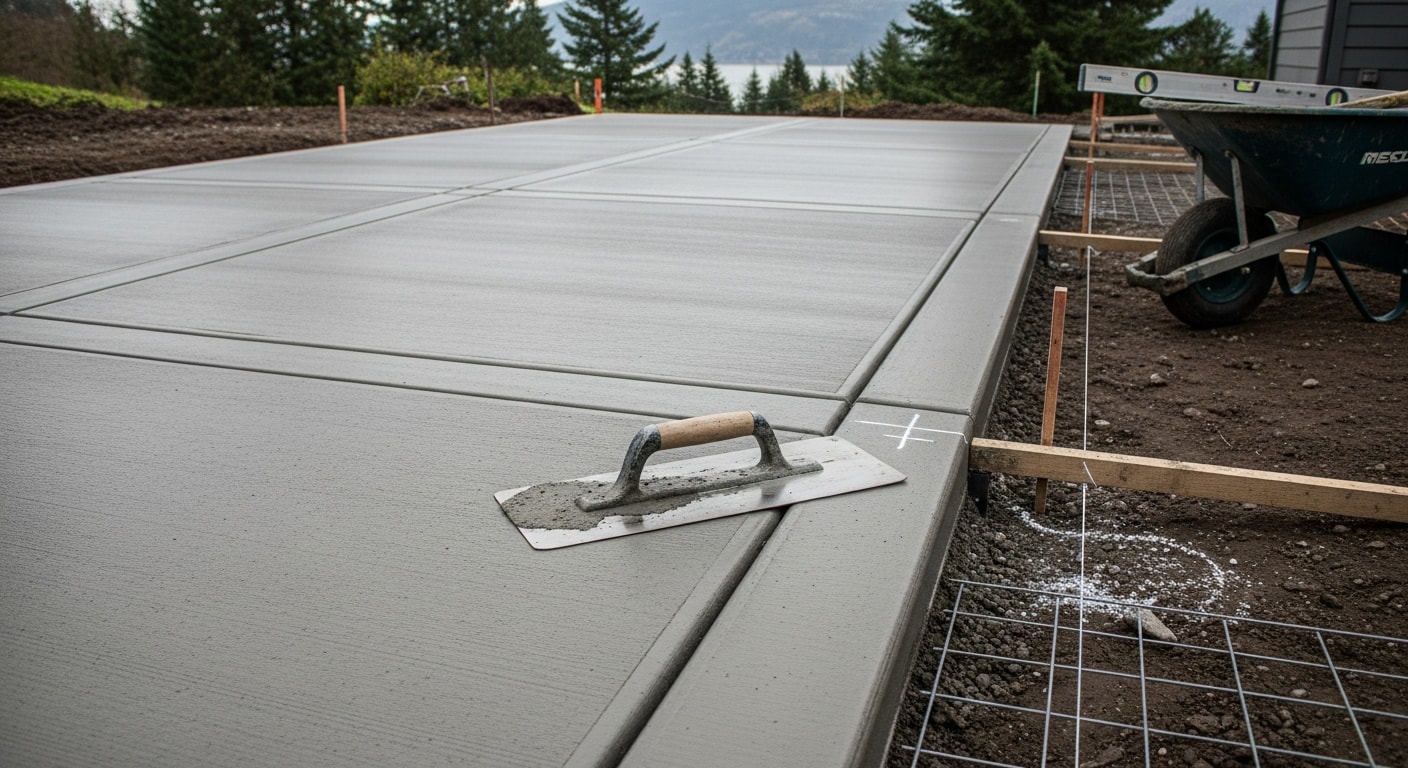Freshly poured and finished concrete driveway at a residential property in Troutdale, Oregon, with clean edges and a smooth broom finish. The slab runs from the street to a residential garage with a graded surface for water runoff.