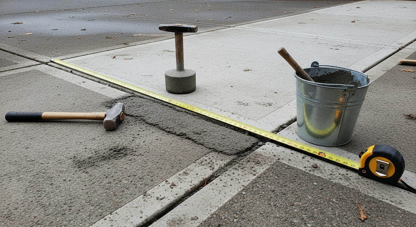 A repaired residential concrete driveway in Troutdale, Oregon showing a smooth, crack-free surface after patching and resurfacing work. The surrounding yard reflects a typical Pacific Northwest property with wet-season soil conditions visible along the slab edges.