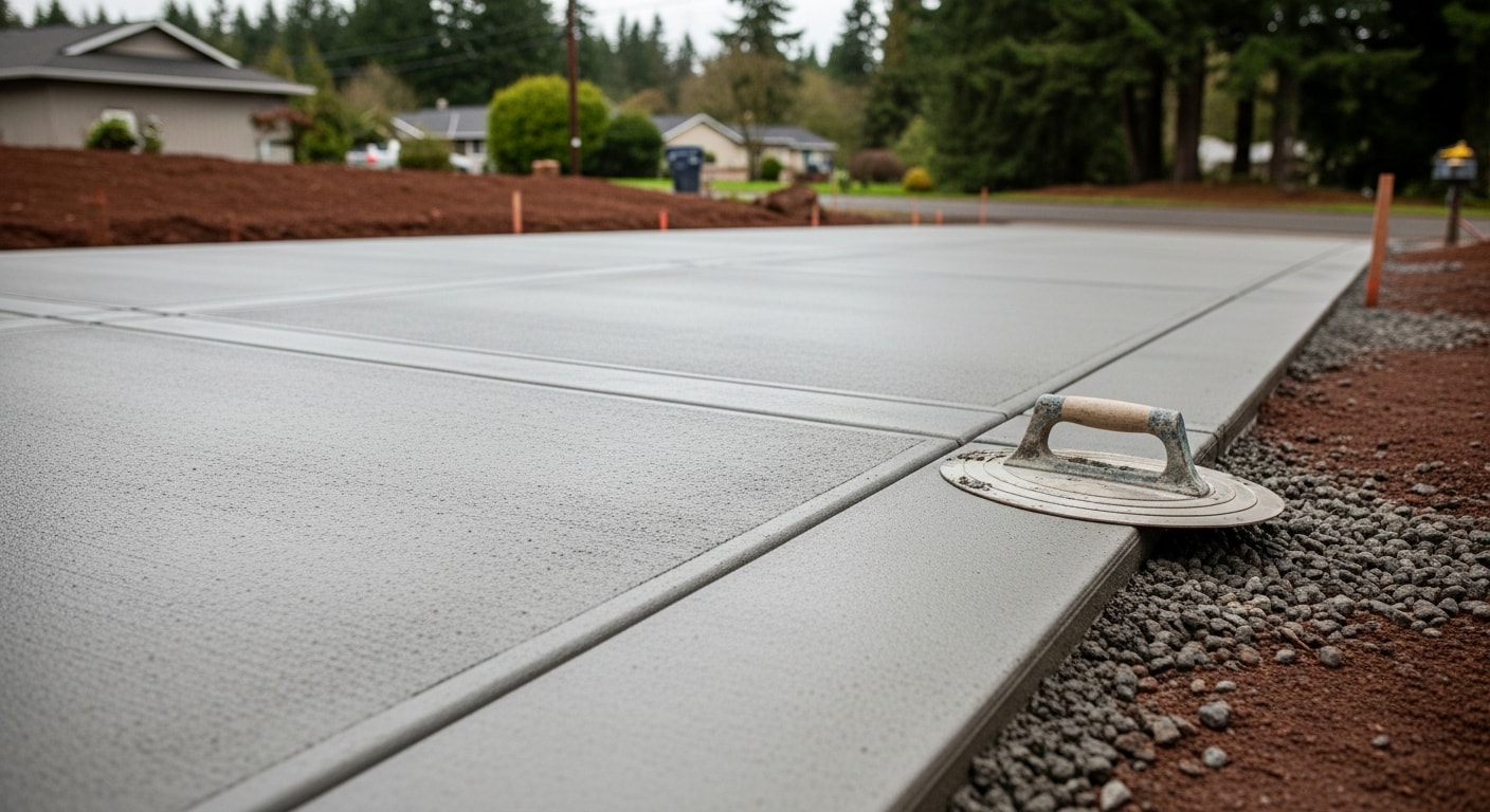 A freshly poured concrete driveway in front of a residential home in Troutdale, Oregon, with clean edges, a smooth surface finish, and visible drainage slope away from the garage. The old cracked slab has been fully removed and replaced.