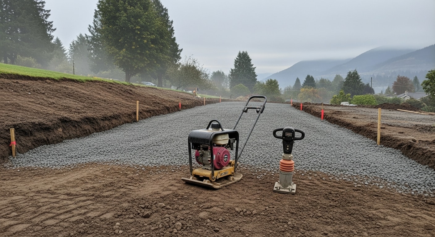 Freshly installed concrete driveway at a single-family home in Troutdale, Oregon, with a smooth surface, clean edges, and proper slope away from the garage. The surrounding landscape shows mature trees typical of Troutdale residential neighborhoods.