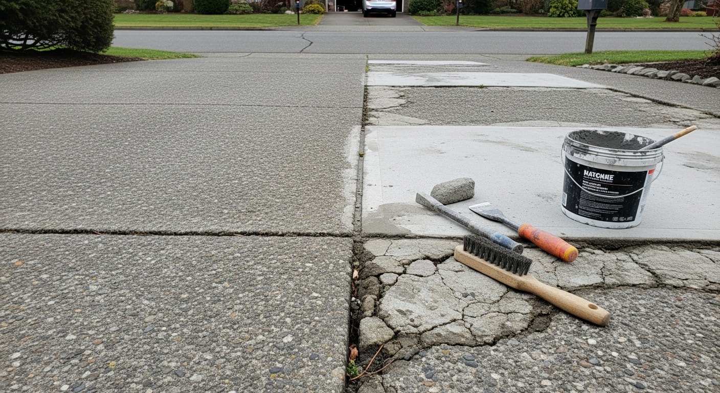 A freshly repaired residential concrete driveway in Troutdale, Oregon, showing smooth, crack-free surface sections alongside a single-family home. Close-up view highlights patched and resurfaced concrete with clean edges and consistent texture.