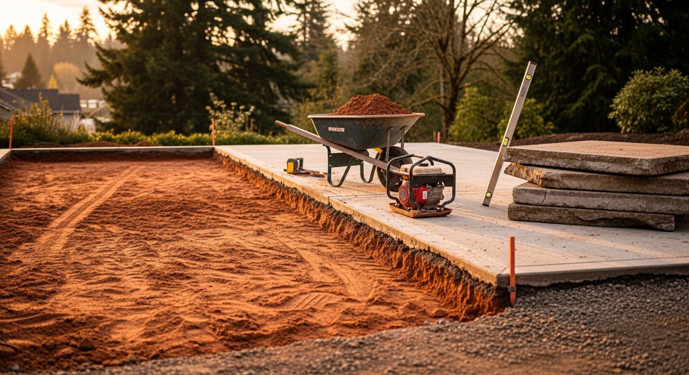 A freshly poured concrete driveway in front of a single-family home in Troutdale, Oregon, with clean edges, a smooth surface, and a visible drainage slope away from the garage. The surrounding yard shows the clay-soil residential setting typical of Multnomah County neighborhoods.