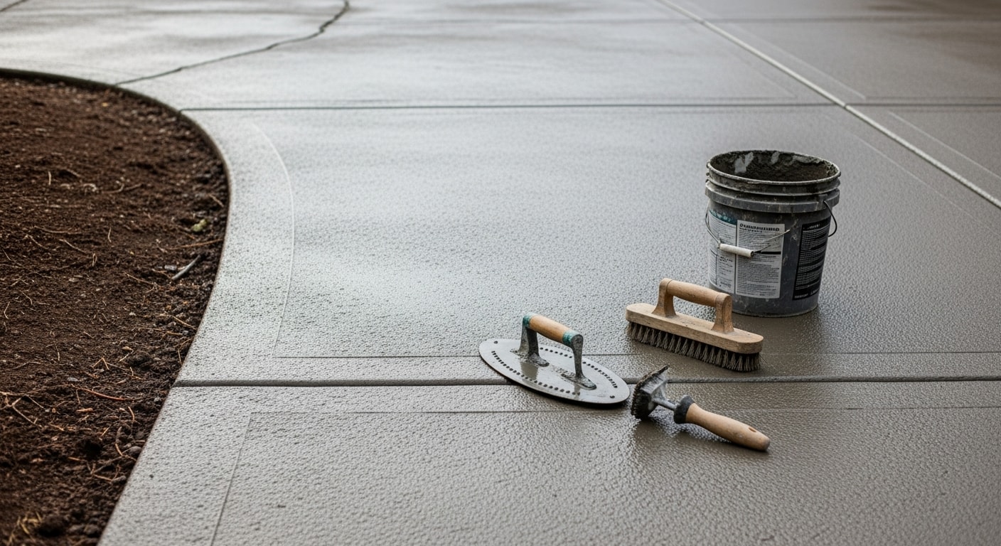 A freshly resurfaced residential concrete driveway in Troutdale, Oregon, showing a smooth, crack-free surface leading to a single-family home. The finished slab contrasts with the surrounding landscaping under overcast Pacific Northwest skies.