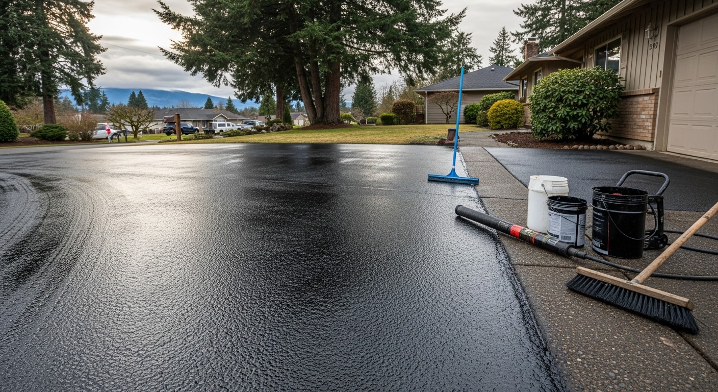 A freshly sealed residential driveway in Troutdale, Oregon with a smooth, dark surface and clean edges. The home sits in a tree-lined neighborhood typical of Troutdale's established residential areas near the Columbia River Gorge.
