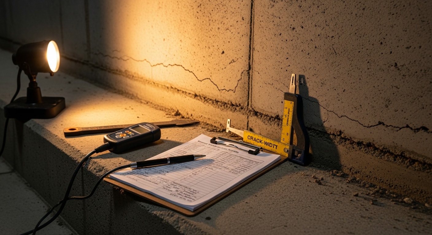 A foundation contractor inspecting the concrete perimeter wall and footing of a residential home in Troutdale, Oregon. The inspector examines visible cracks and drainage conditions along the exterior foundation.