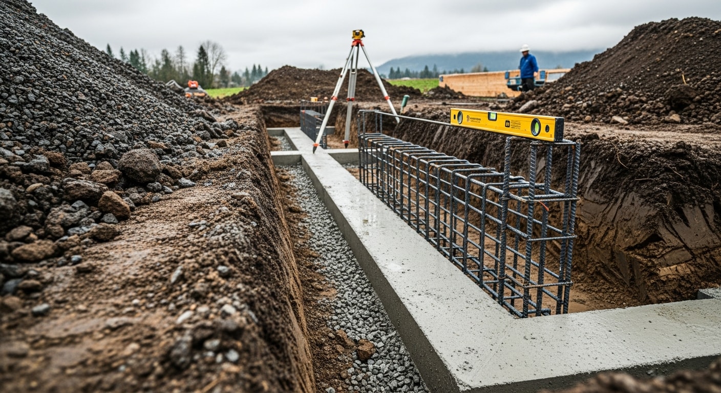 Freshly poured concrete foundation walls and reinforced footings on a residential lot in Troutdale, Oregon. The foundation perimeter is formed and set with graded soil sloping away from the walls.