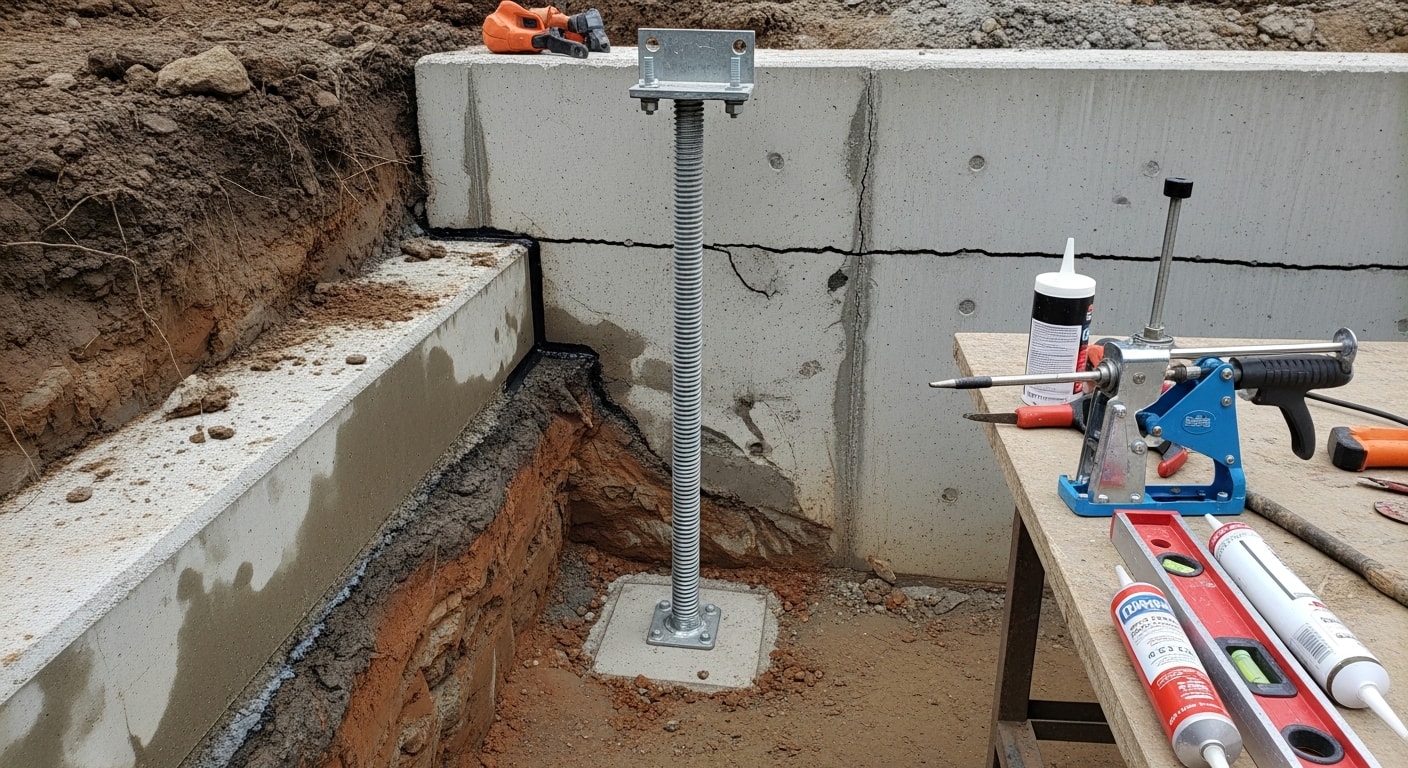 A concrete foundation wall in a Troutdale, Oregon home showing repaired crack lines and stabilized masonry. A crawl space access area is visible in the background, with fresh concrete work along the base of the wall.