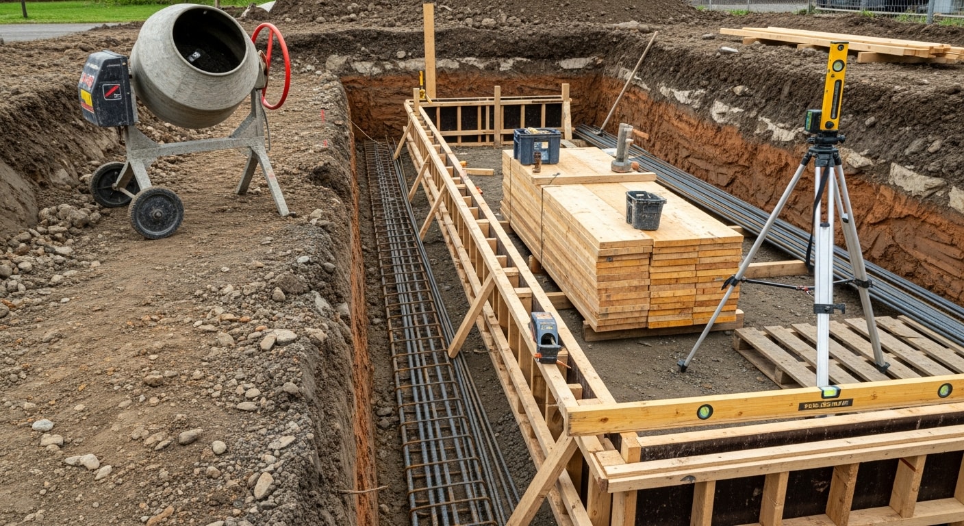 A freshly poured concrete foundation wall at a residential property in Troutdale, Oregon, with clean formed edges and compacted gravel backfill visible along the exterior. The surrounding yard shows excavation work recently completed near a single-family home.
