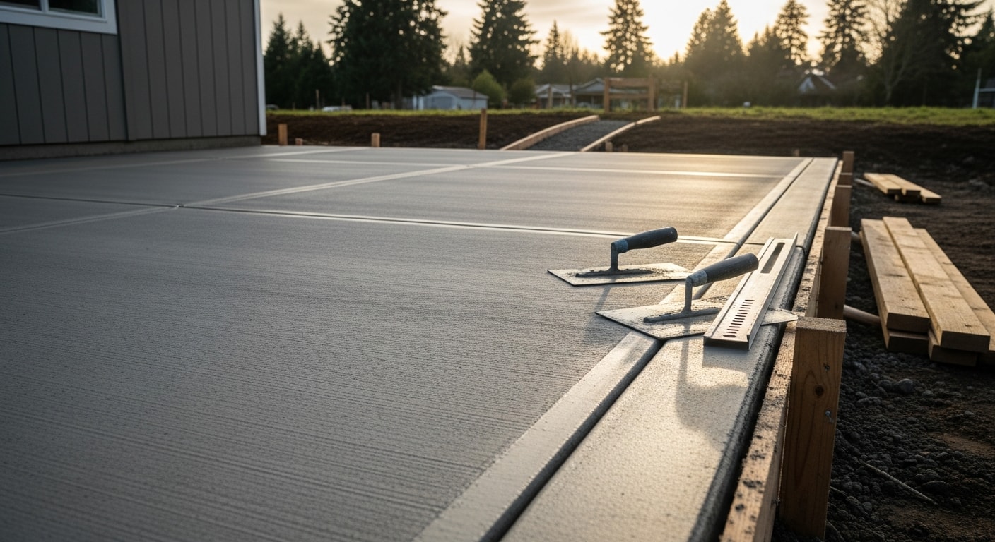 A freshly poured concrete patio behind a single-family home in Troutdale, Oregon, with clean formed edges and a smooth brushed finish. The slab extends from the back of the house toward a grassy yard with mature trees along the property line.