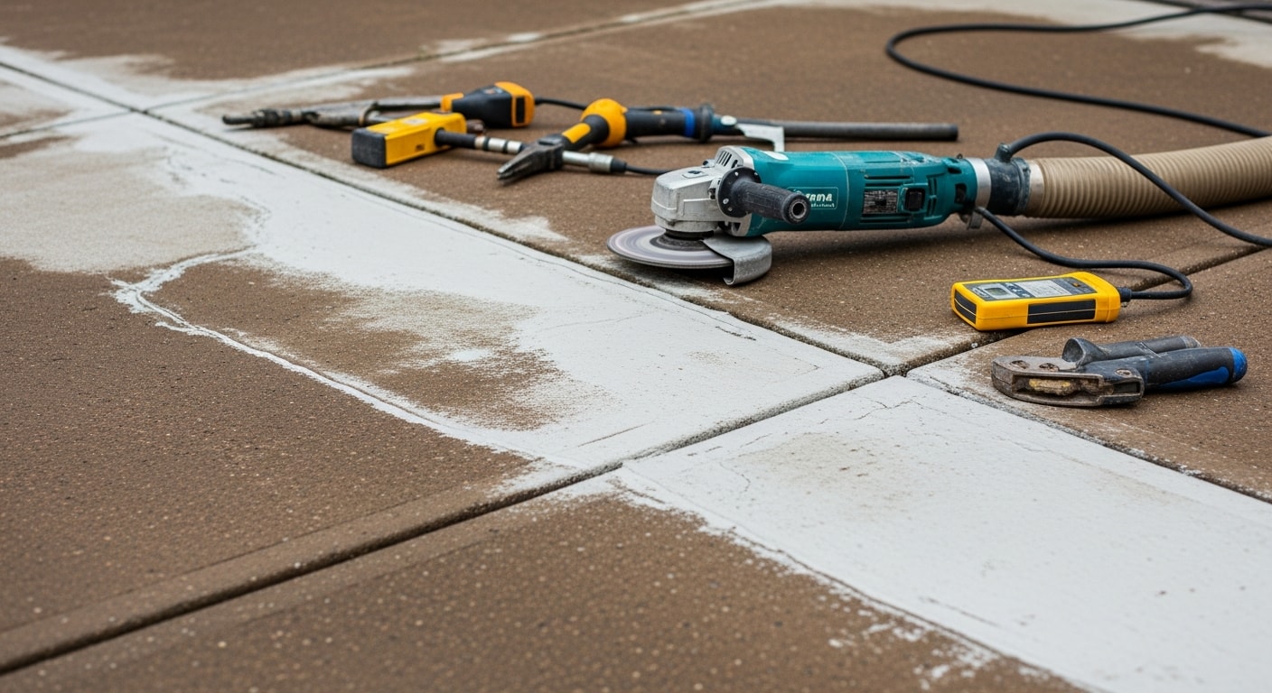 A repaired concrete patio in Troutdale, Oregon with filled cracks and a freshly sealed surface. The slab sits level beside a residential backyard with overcast Pacific Northwest skies overhead.