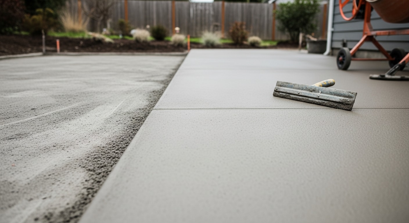A freshly resurfaced concrete patio behind a residential home in Troutdale, Oregon, showing a smooth, even finish with no visible cracking or discoloration. The patio surface is clean and ready for outdoor furniture, with a Pacific Northwest backyard setting visible in the background.