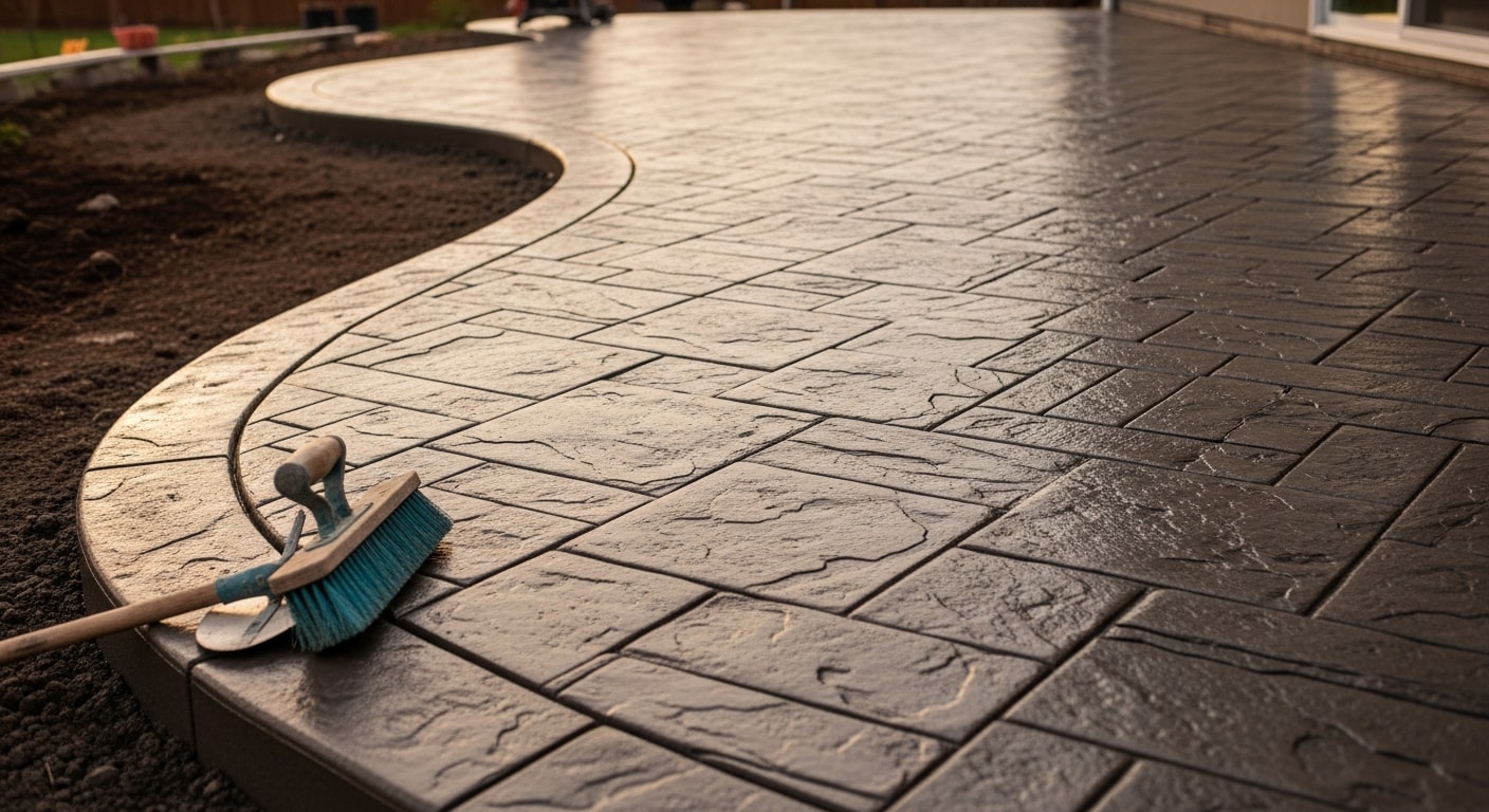Freshly installed stamped concrete patio in a Troutdale, Oregon backyard, showing a stone-pattern surface with color finish adjacent to a residential home. The slab is sealed and slopes away from the house foundation.